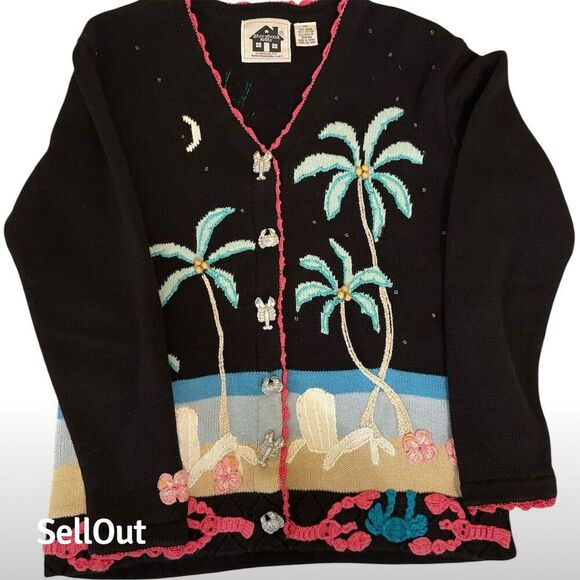 Storybook Knits Women's XS Beach Theme Cardigan Sweater Black - Picture 1 of 7